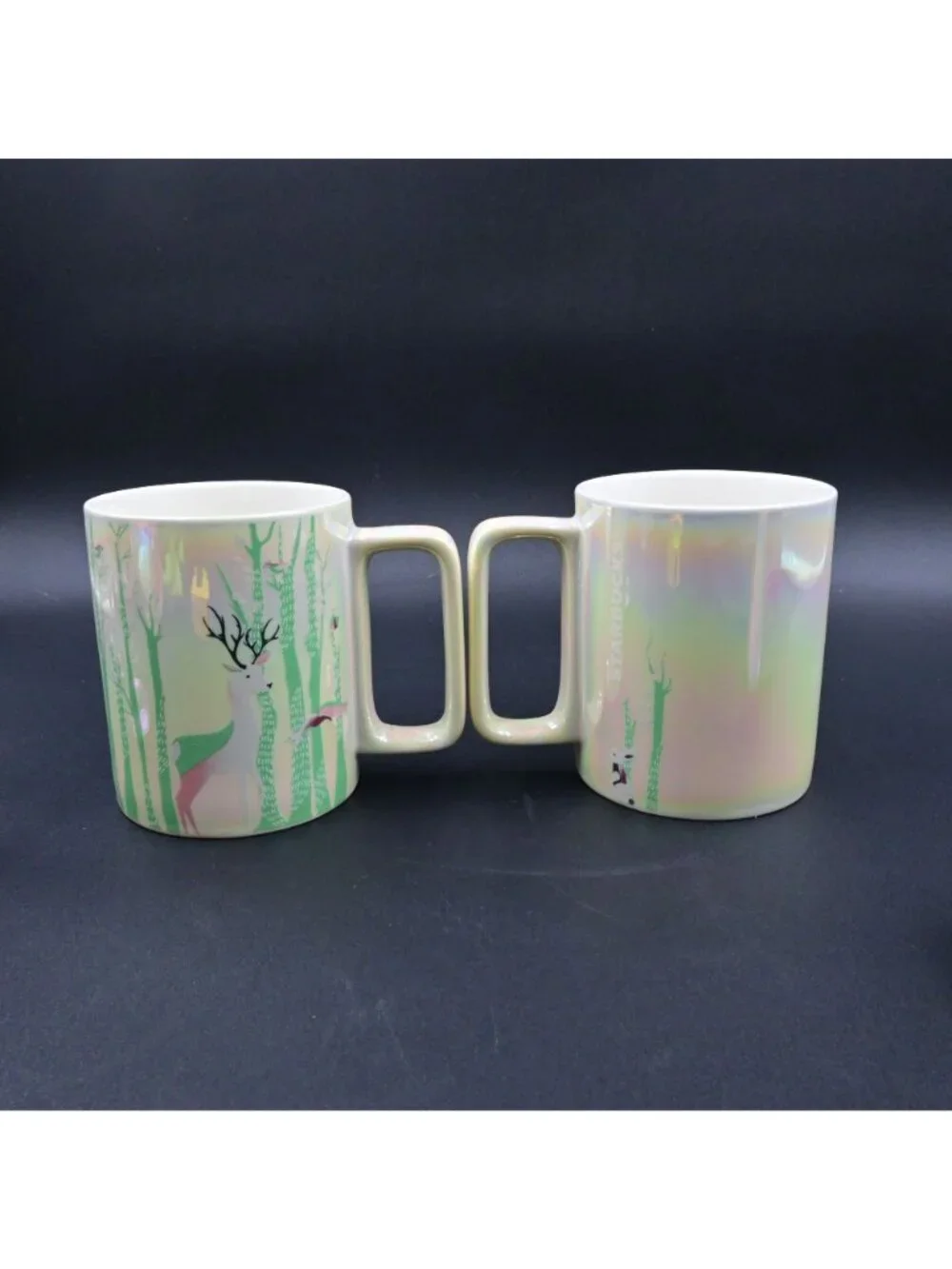Starbucks Mug Set Holiday Red Fox & Iridescent Green Woodland Forest Coffee